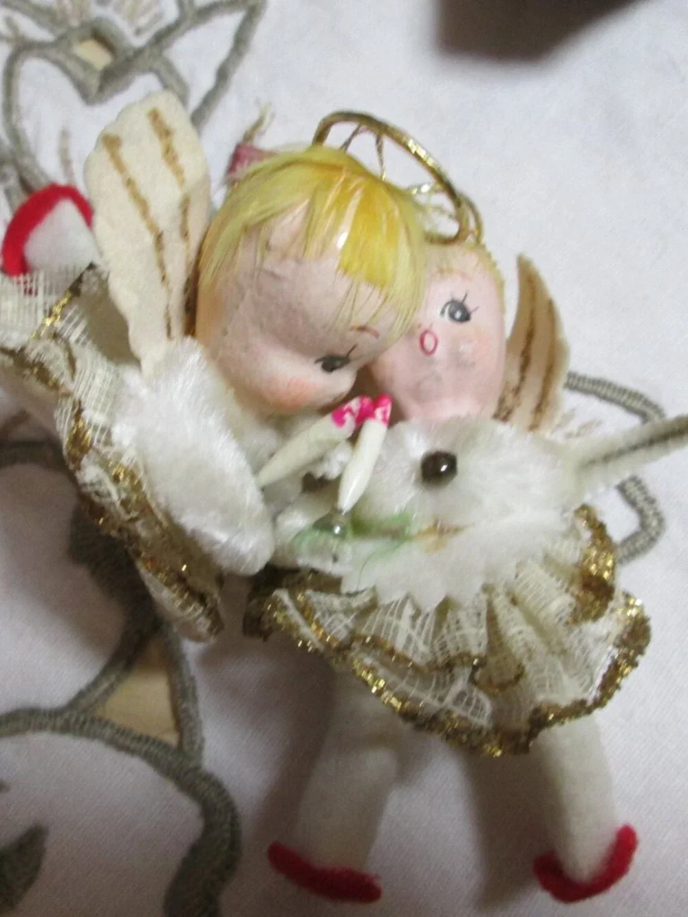 2 vtg japan mcm ornaments angels with halos' felted tinsel trim